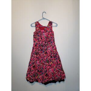 Ann Taylor Women 2 Dress Fit Flare Pink Abstract Floral Sleeveless Cotton Ruffle